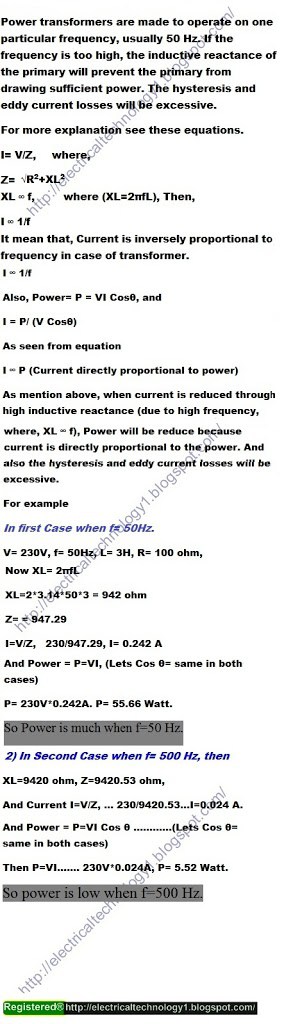 power transformer designed for operation on 50 Hz