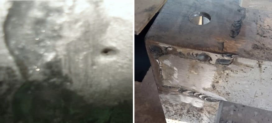 Welding porosity (left) and heterogeneity of the welding cord (right)