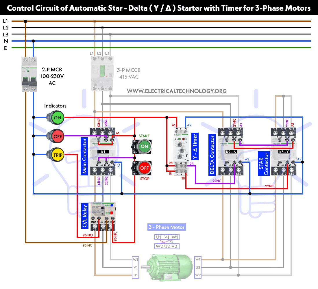 Automatic Star-Delta (Y-Δ) Starter with Timer for 3-Phase Induction Motor