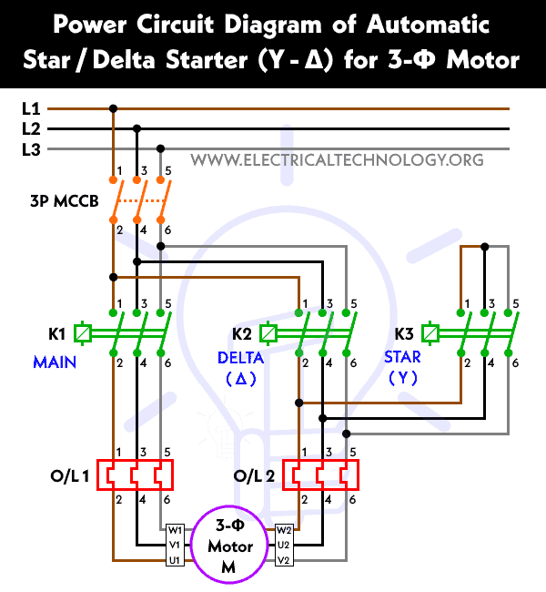 Power Circuit Diagram of Automatic Star - Delta Starter for Three Phase Motor
