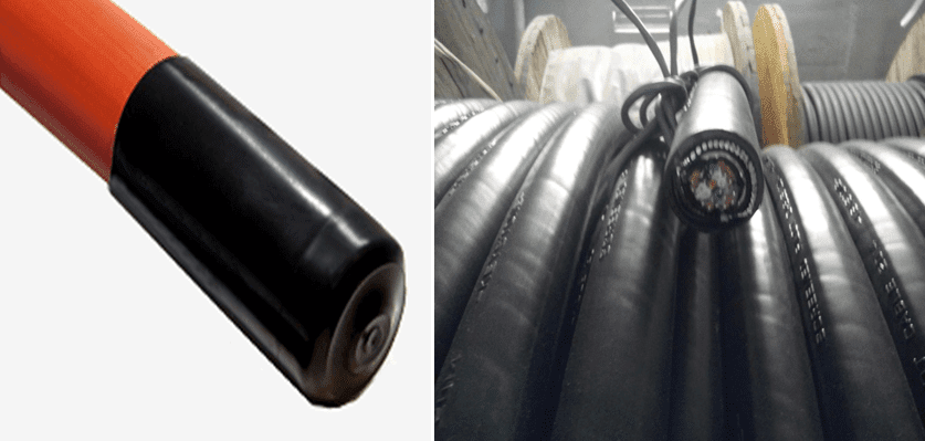 shrinkable cable cap (left) and unprotected cable end (right)