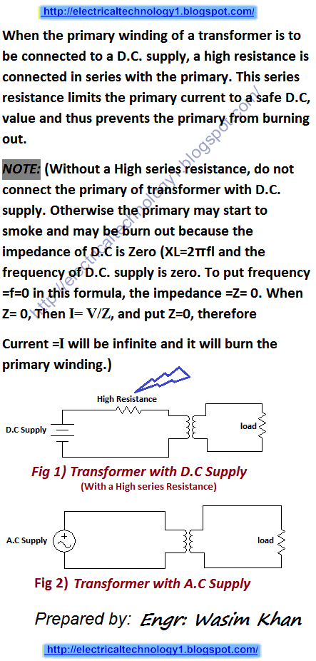 Under what condition is D.C supply applied safely to the primary of a transformer?